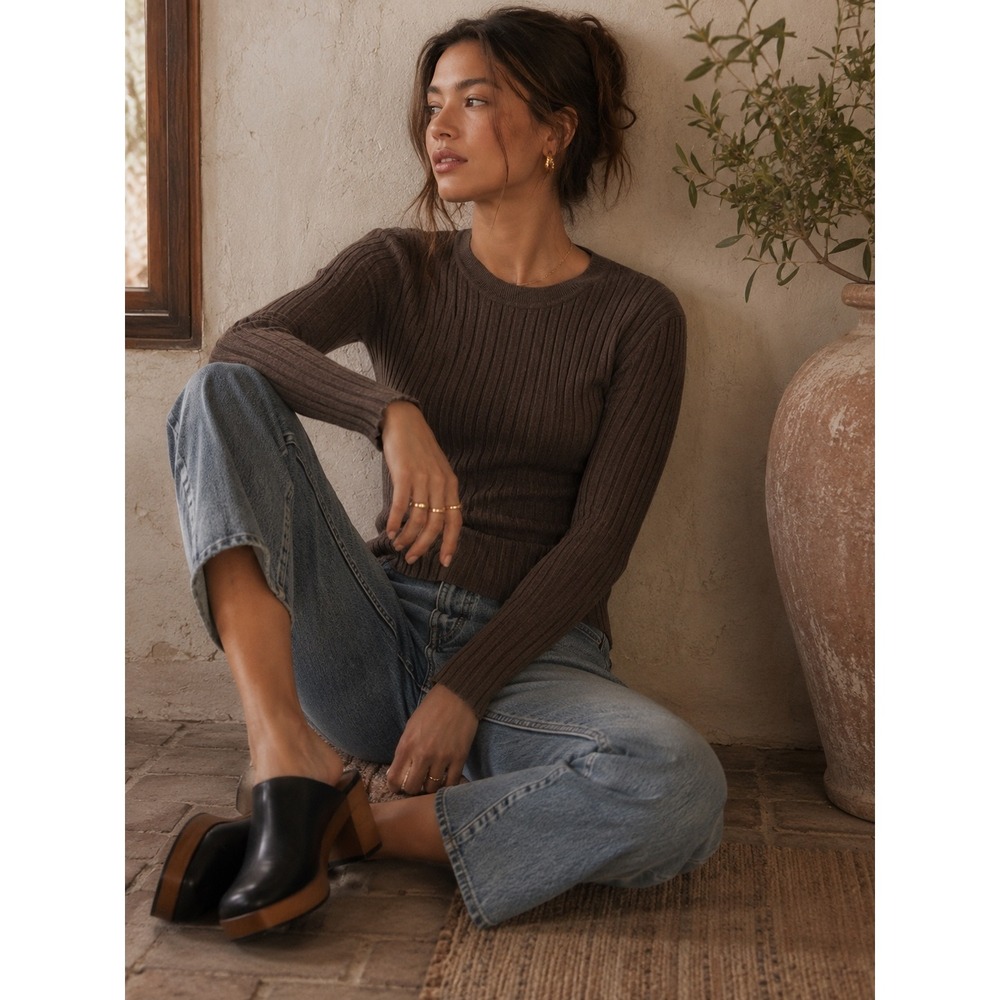 Quince Cotton Cashmere Ribbed Long Sleeve Sweater Mocha Brown  S Quiet Luxury